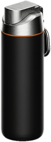 The Vaira all-metal water bottle in Obsidian Black with a safety-orange accent, brushed metal cap, and integrated handle